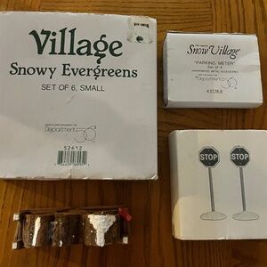 Set of 4 Dept. 56 Village Accessories. Stop Signs, Parking Meters, Trees, Logs